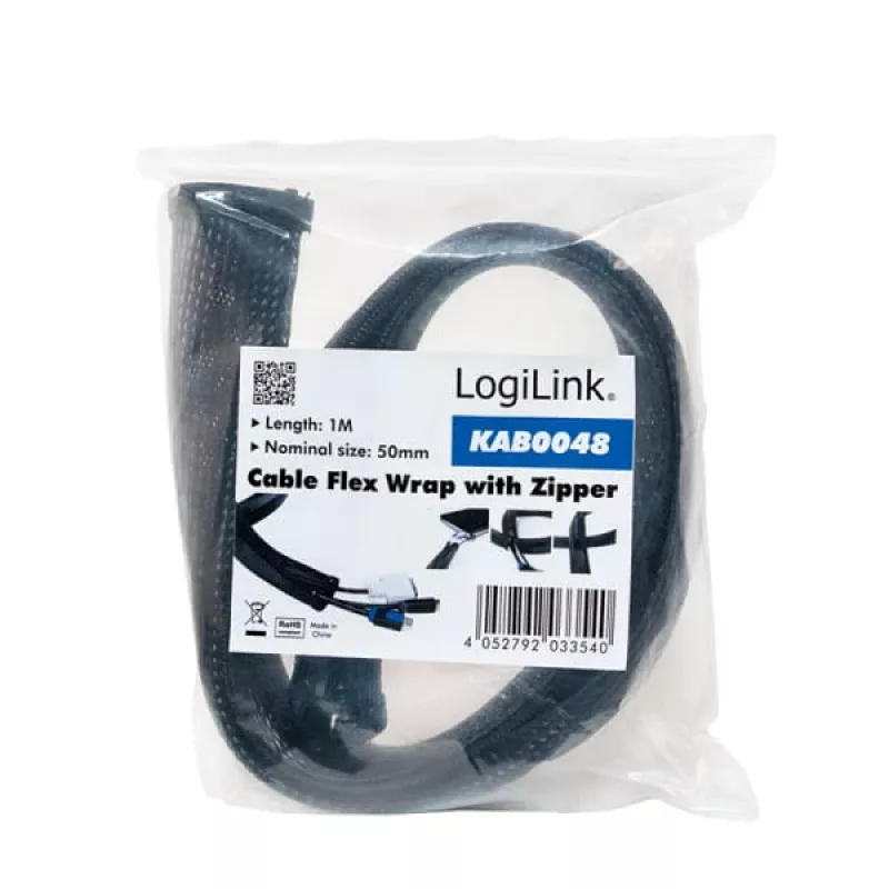 LogiLink Kabelschlauch mit Reißverschluss, 2,0 m, grau aus Polyester, abrieb-, zug- & formbeständgi, schlagfest, - 1 Stück (KAB0074)