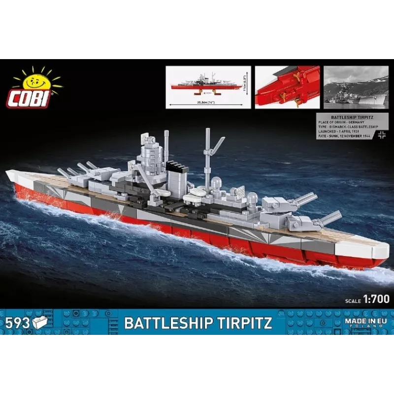 Zestaw konstrukcyjny Cobi pancernik Tirpitz model z 593 elementami, w skali i z funkcjami ekspozycyjnymi