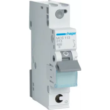 Hager MCS113. Prąd znamionowy: 13 A, Częstotliwość wejściowa AC: 50/60 Hz. Typ: C, Maksymalna liczba modułów: 1 moduł(y). Szerokość: 17,5 mm, Głębokość: 70 mm, Wysokość: 83,4 mm (MCS113)