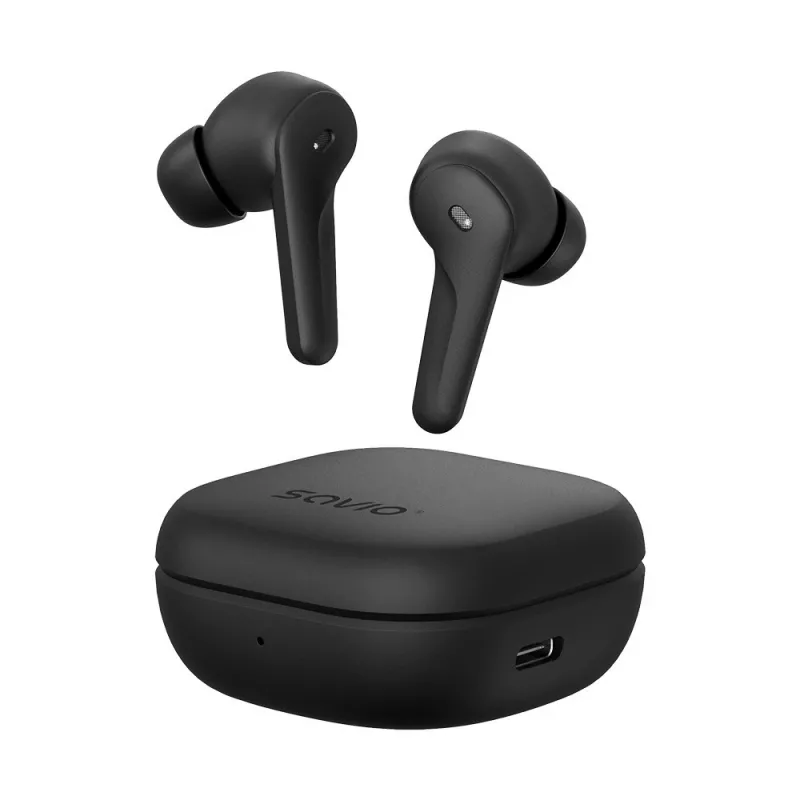 Zestaw słuchawkowy douszny TWS SAVIO TWS-12, Bluetooth 5.3, wbudowany mikrofon, czarny