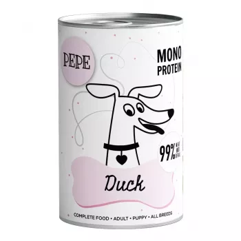 Mokra karma dla psów PAKA ZWIERZAKA Pepe Duck 400 g — psy dorosłe, smak kaczki, puszka, bez glutenu/soi/cukru
