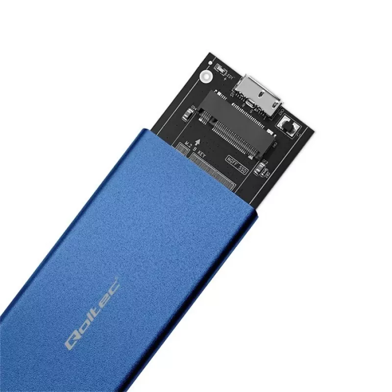 Obudowa SSD QOLTEC 51832 — zewnętrzna M.2 SATA, USB 3.0, do 2 TB, niebieska, obsługuje dyski 30 mm, 4 gniazda