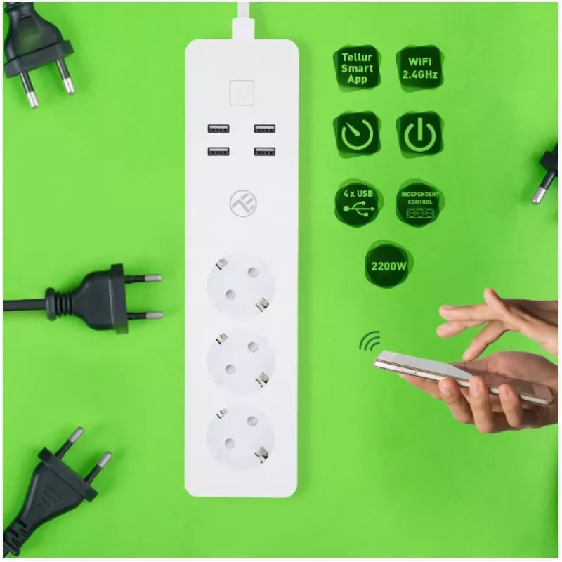 Listwa zasilająca Tellur — inteligentna listwa WiFi z 3 gniazdami AC i 4 portami USB (4A)