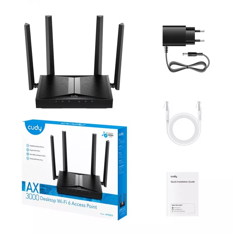 Punkt dostępowy bezprzewodowy Cudy AP3000D dwuzakresowy 2,4/5 GHz, 2402 Mbps (5 GHz), 574 Mbps (2,4 GHz), 4 anteny zewnętrzne, 1x LAN