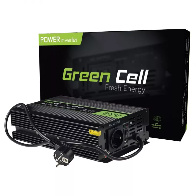 Przetwornica napięcia zielony Cell INV07, DC 12 V na AC 230 V, 300 W, 50 Hz, wtyczka typu C, czarna