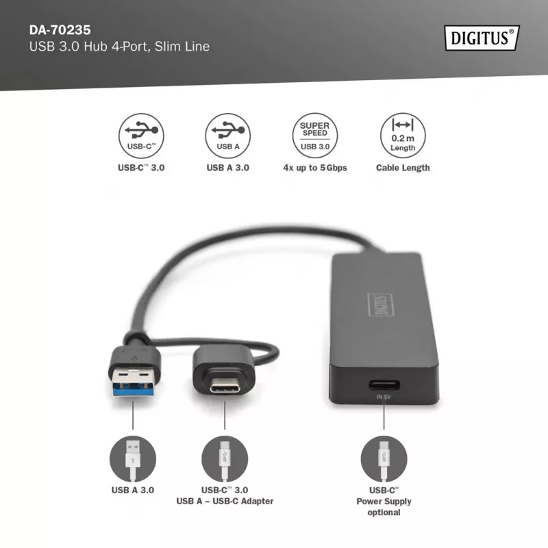 Koncentrator USB, Digitus, DA-70235, 4-portowy, USB 3.2 Gen 1, Typ-A i Typ-C, 12000 Mbit/s