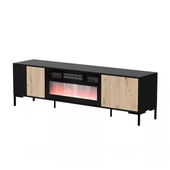 Szafka TV cama meble MERCI z kominkiem, 180 x 40 x 53,5 cm, czarny blat, rama dąb artisan