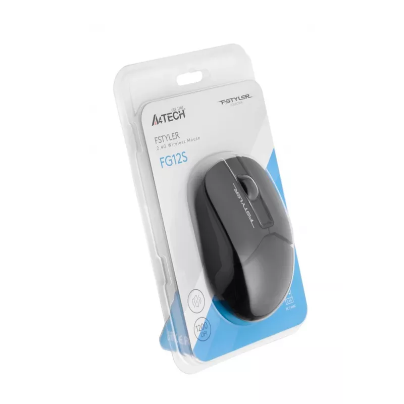 Bezprzewodowa mysz optyczna A4Tech FM12S Czarny — 1200 DPI, nano odbiornik RF, 3 przyciski, bateria AA
