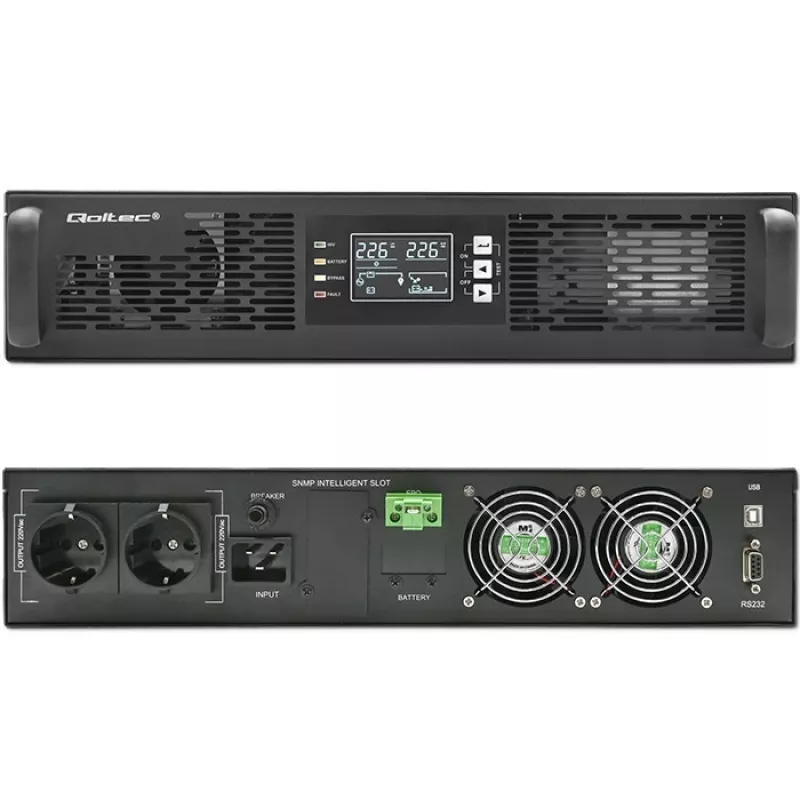 Zasilacz awaryjny Qoltec DO RACK 3KVA 3000W współczynnik mocy 1.0 LCD EPO USB on-LINE (3VA, 3000W, podwójna konwersja online UPS), UPS