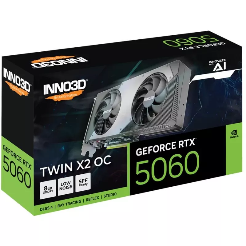 Karta graficzna Inno3D GeForce RTX 5060 8 GB GDDR7 PCIe 5.0, zegar boost 2527 MHz, magistrala 128-bitowa, 2 gniazda, 3x DP 2.1b + 1x HDMI 2.1b