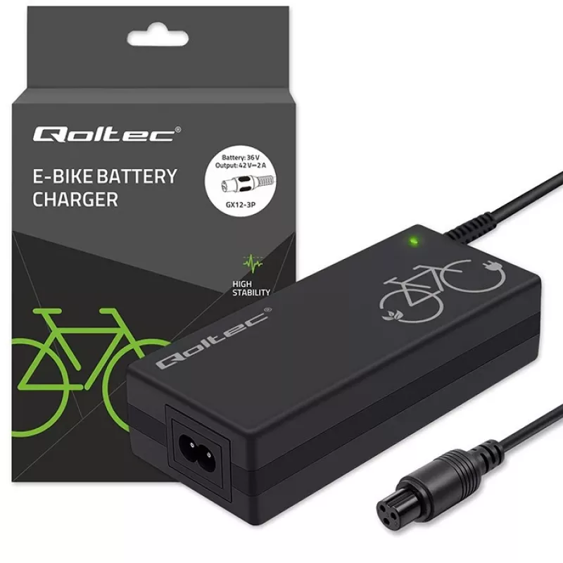 Ładowarka do e-roweru QOLTEC 36V–42V 2A ze złączem GX12 3-pin
