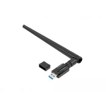 Karta WLAN wewnętrzna LANBERG NC-1200-WIE — Dwuzakresowy adapter USB WLAN, RTL8812BU, do 1200 Mbit/s, zewnętrzne anteny 2x2 (5 dBi), czarny