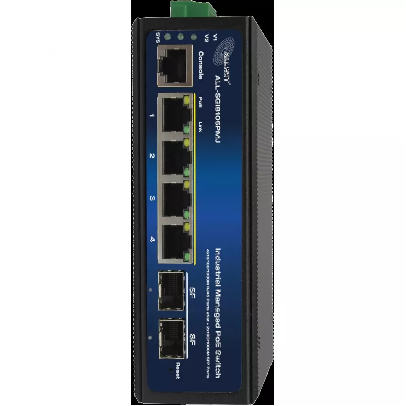 Przemysłowy przełącznik PoE ALLNET ALL-SGI8106PMJ-BT — 6-portowy (4 PoE+), wytrzymała metalowa obudowa