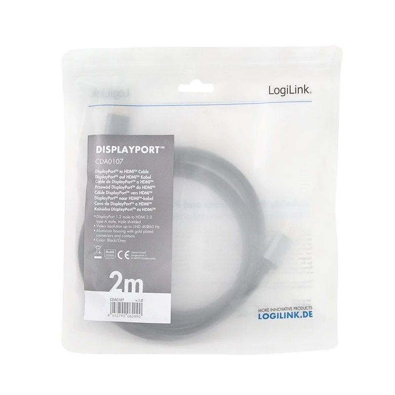 LogiLink CDA0107 adapter kabla wideo 2 m DisplayPort HDMI Szary Czarny