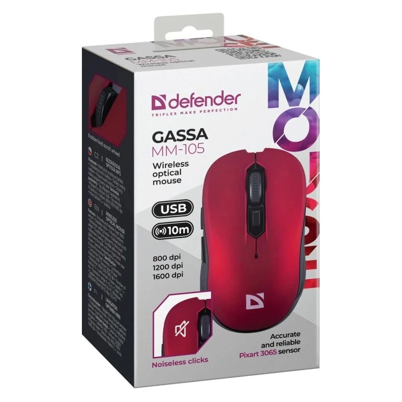 Bezprzewodowa mysz RF z cichymi kliknięciami DEFENDER Gassa MM-105 — symetryczna, 1600 DPI, 2,4 GHz, nanoodbiornik USB