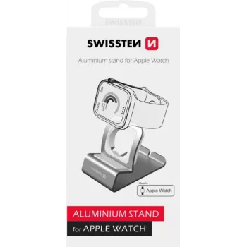 Aluminiowa podstawka SWISSTEN 25005100 do Apple Watch — kompatybilny uchwyt na ładowarkę, srebrny