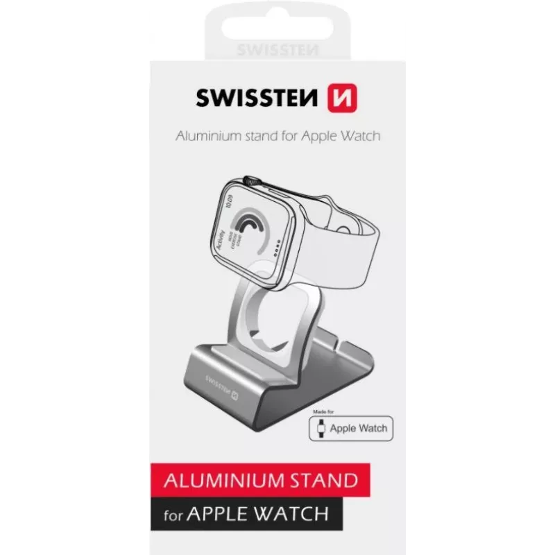Aluminiowa podstawka SWISSTEN 25005100 do Apple Watch — kompatybilny uchwyt na ładowarkę, srebrny