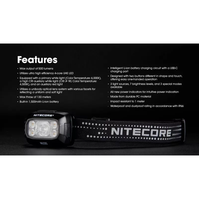 Lampa czołowa Nitecore NU30 — kompaktowa noszona lampa czołowa LED, do 500 lumenów, wiele poziomów jasności, tryb światła czerwonego