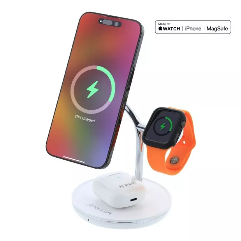 Bezprzewodowa ładowarka biurkowa Tellur TLL151391 3w1 MagSafe Szybkie ładowanie dla telefonu, zegarka i słuchawek