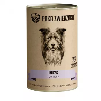 Mokra karma dla psów PAKA ZWIERZAKA z indykiem i żurawiną 400 g puszka, monobiałkowa, bezglutenowa i bez soi