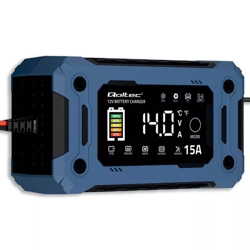 Inteligentna ładowarka 12V 15A QOLTEC z mikroprocesorem i LCD — do akumulatorów AGM, GEL, SLA, EFB, LiFePO4