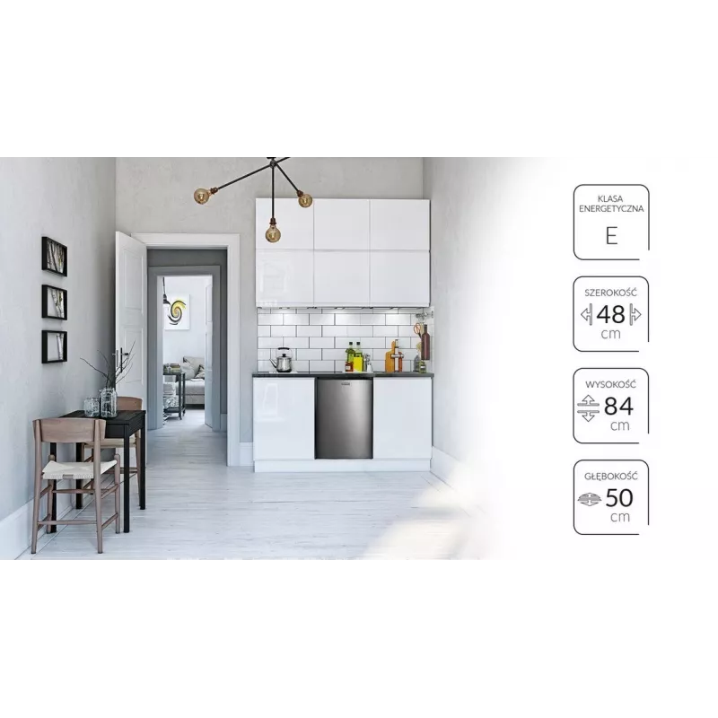 Wolnostojąca lodówka MPM 112-CJ-16/AA — 82 L pojemności całkowitej, 69 L chłodziarki, 11 L zamrażarki, szara, 480×500×840 mm, odwracane drzwi, klasa E