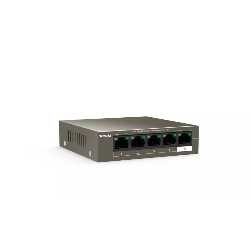 Przełącznik sieciowy TENDA TEG1105P-4-63W-EU, 5x Gigabit RJ-45, 4x PoE (57,8 W łącznie), 10 Gbit/s przełączanie