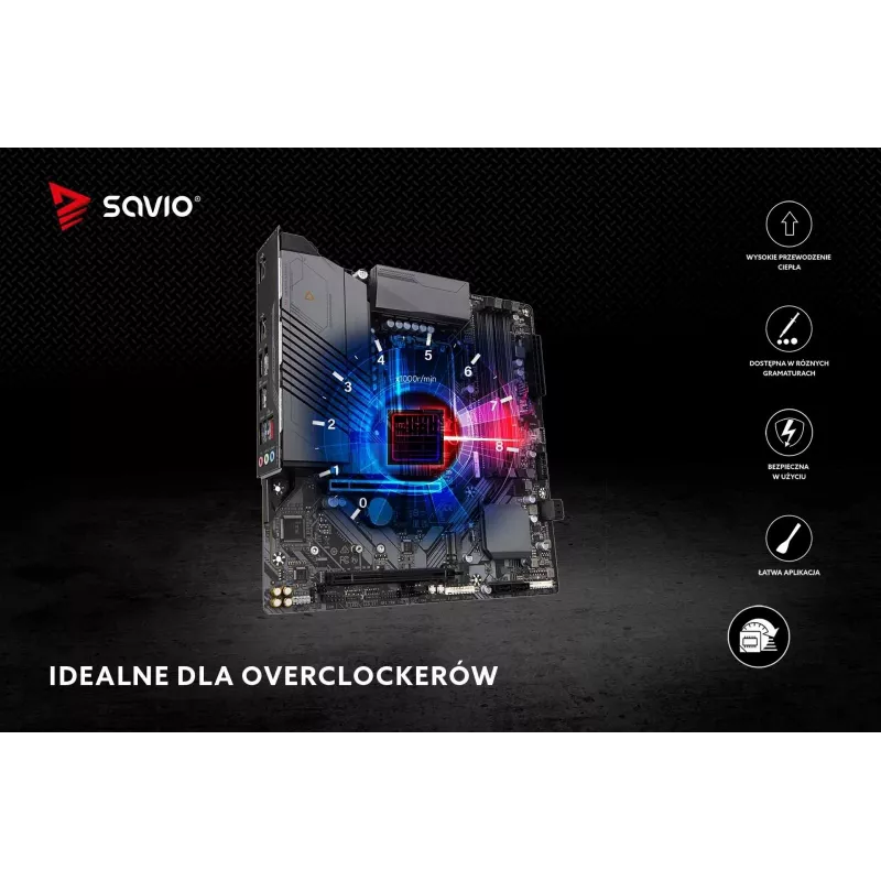 Pasta termoprzewodząca SAVIO TG-04 2g — wysokowydajna pasta termiczna do CPU/GPU, gęstość 2,81 g/cm³, szara, 2 g