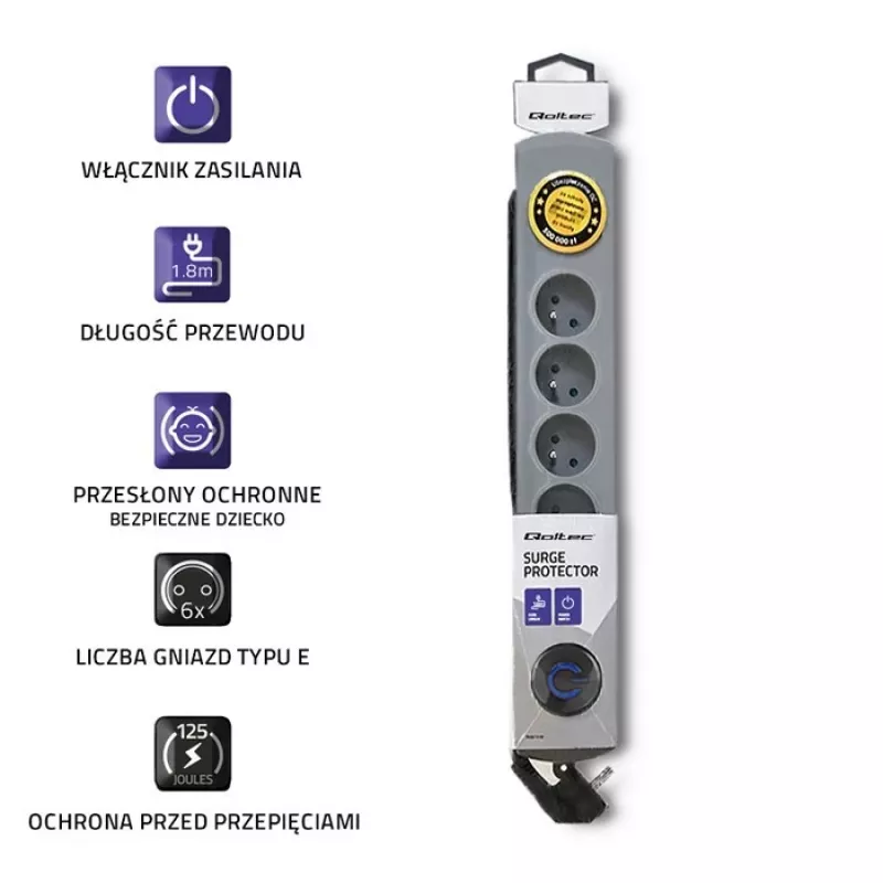 Listwa przeciwprzepięciowa Qoltec 50165 szara 6 gniazd AC 230 V 1,8 m
