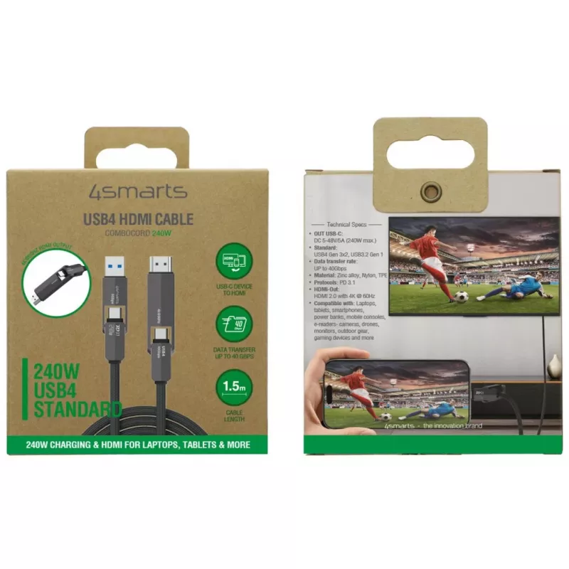 Kabel USB4 HDMI 4smarts ComboCord 240W 1.5 m – USB4 na HDMI, zasilanie 240W, długość 1,5m