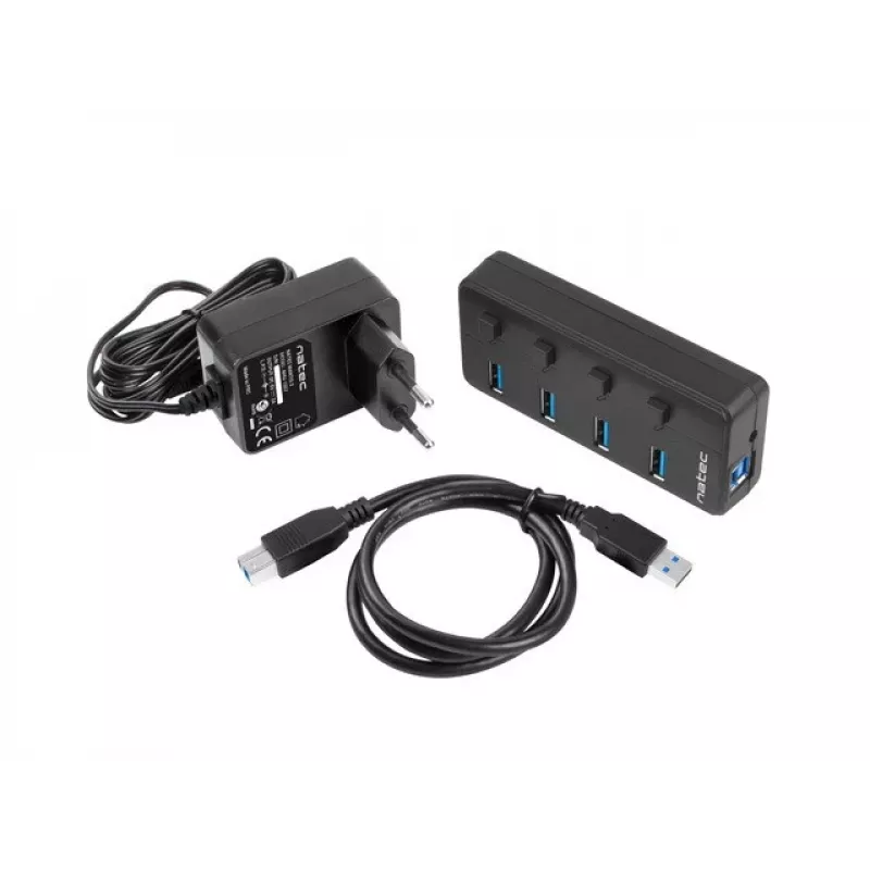Hub USB NATEC MANTIS USB 2.0 Type-B — 4x porty USB 3.2 Gen 1 Type-A, czarny, kabel 0,8 m, zasilacz sieciowy, wyłącznik zasilania