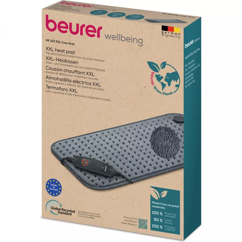 Poduszka grzewcza Beurer HK 123 XXL Cosy Grey Green Planet 60x30cm, 6 poziomów, automatyczne wyłączanie (200.17)