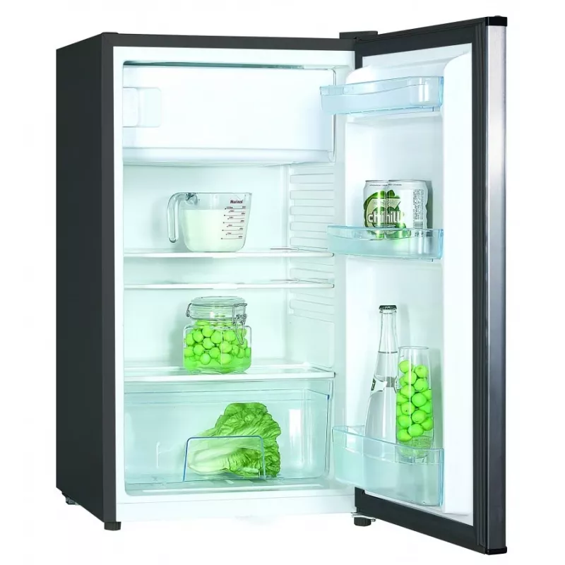 Wolnostojąca lodówka MPM 112-CJ-16/AA — 82 L pojemności całkowitej, 69 L chłodziarki, 11 L zamrażarki, szara, 480×500×840 mm, odwracane drzwi, klasa E