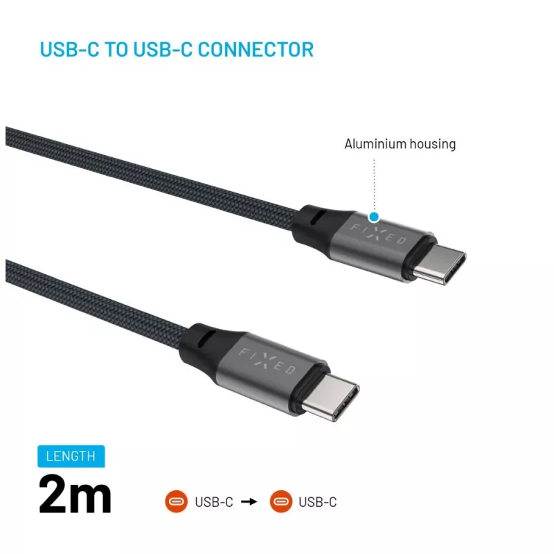 Magnetyczny pleciony kabel USB-C na USB-C FIXED FIXDBM-CC2-GR, USB 2.0, oplot pleciony, stała długość, szary