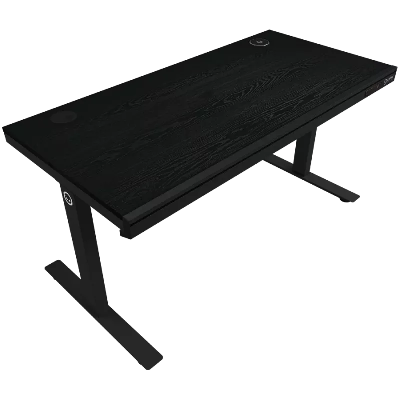 Biurko gamingowe z dwoma silnikami, regulacją wysokości (siedząco-stojąca), ładowarką bezprzewodową, podświetleniem RGB, panelem sterowania i portami USB, blat z melaminy PB, kolor czarny.