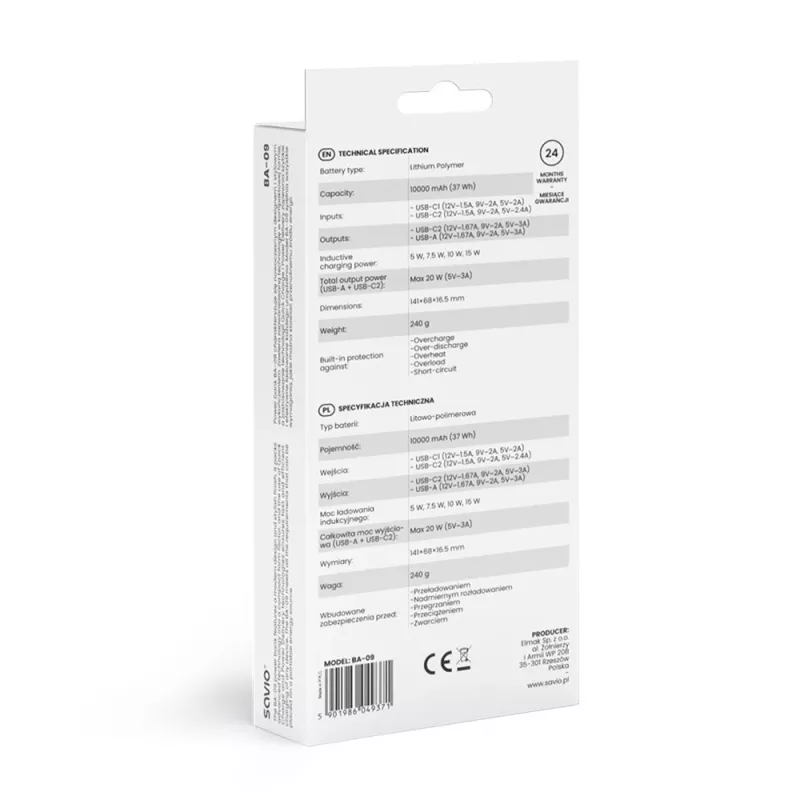 Power bank Savio BA-09 litowo-polimerowy (LiPo) 37 mAh Ładowanie bezprzewodowe Czarny