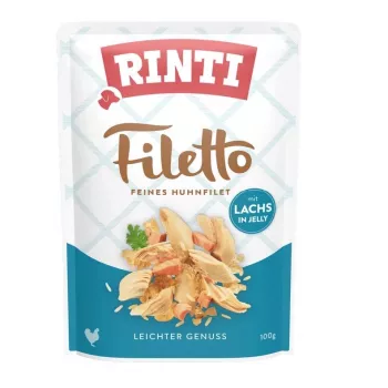 Mokra karma dla psa RINTI Filetto Filet z kurczaka z łososiem 100 g saszetka, pełnoporcjowa karma dla dorosłych psów, 82% wilgotności, 14% białka