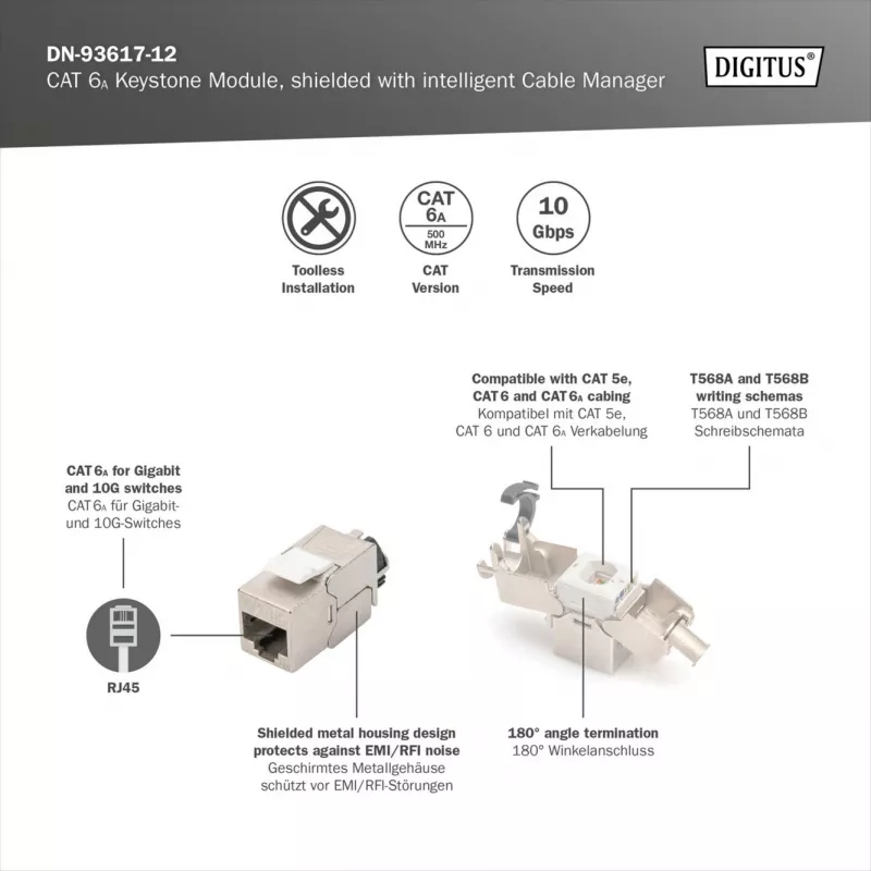 Moduł Keystone DIGITUS CAT 6A ekranowany z inteligentnym zarządcą kabla, płaski RJ-45, 14,5×34,5×21 mm — 12 szt.