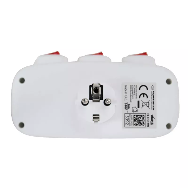 Rozdzielacz zasilania ESPERANZA ELK307W — 3-gniazdowy przełączany adapter wewnętrzny, wtyczka typu E, 220–240 V, 16 A, 3680 W, biały