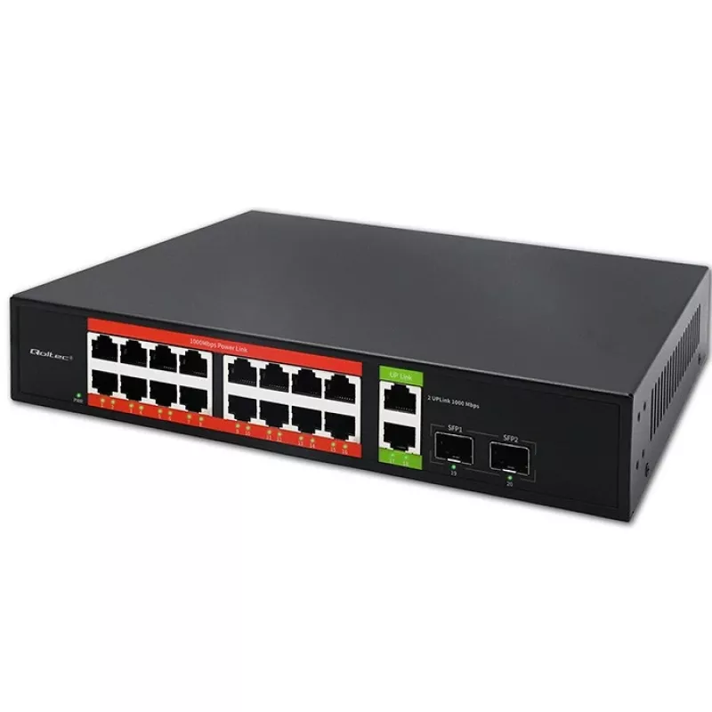 Przełącznik sieciowy QOLTEC 52292 — Gigabit Ethernet PoE, 16x RJ45, 2x RJ45 uplink, 2x SFP