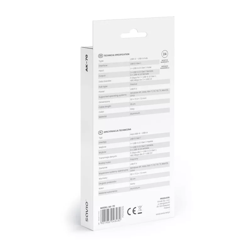 Hub USB SAVIO AK-70, 7-portów USB 3.0, 4 użyteczne porty, host USB Type-A, transfer 5 Gbit/s, gwarancja 2 lata