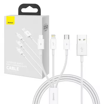 Kabel USB Baseus SUP0003529 — USB 3.2 Gen 1 (3.1 Gen 1), 1 m, USB-A na USB-C / Micro USB-A / Lightning, biały