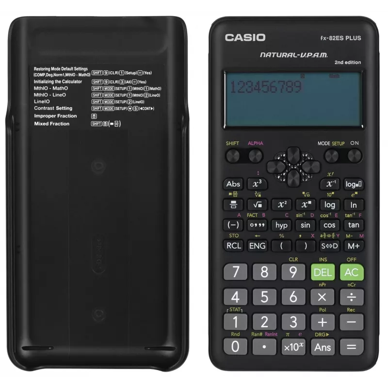 Kalkulator naukowy CASIO FX-82ES PLUS-2 Pocket — 252 funkcje, wyświetlacz matrycowy 12-cyfrowy, zasilany bateriami (AAA), czarny