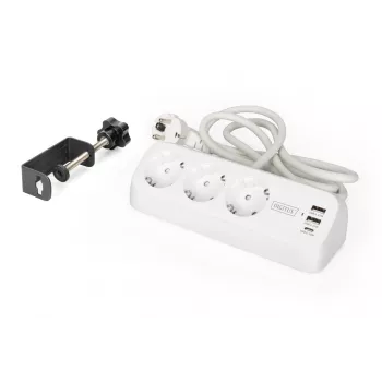Listwa zasilająca DIGITUS 3-drożna z 2×USB-A i 1×USB-C, 3 gniazda AC typu E/F, kabel 1,5 m, biała