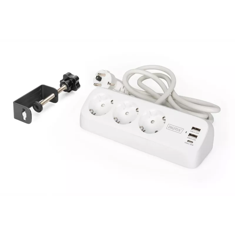 Listwa zasilająca DIGITUS 3-drożna z 2×USB-A i 1×USB-C, 3 gniazda AC typu E/F, kabel 1,5 m, biała