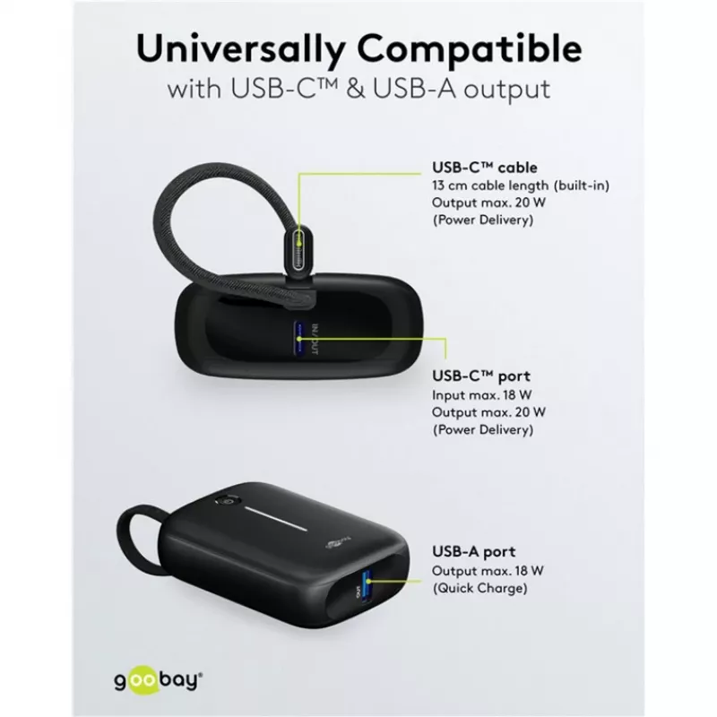 Przenośny Power Bank Goobay 10 000 mAh ze zintegrowanym kablem USB-C – 20 W, kompaktowy, podróżny (76251)