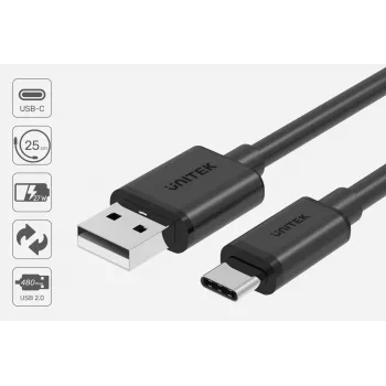 Kabel USB-A na USB-C Unitek C14068BK, 2 m, USB 2.0, czarny, wtyk-wtyk