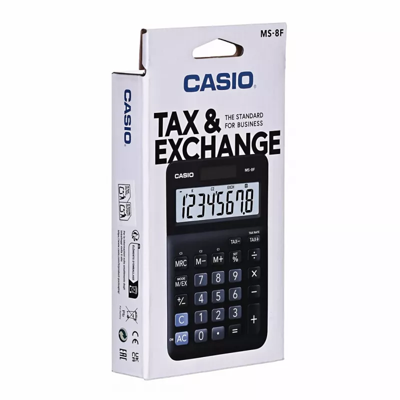Podstawowy kalkulator biurkowy CASIO MS-8F – 8-cyfrowy, bateria/słoneczny, 26 klawiszy, funkcje walutowe i podatkowe, obliczanie zysku, czarny