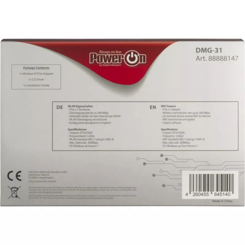 Inter-Tech DMG-31 - wbudowana - bezprzewodowa - PCI Express - Wi-Fi - Wi-Fi 4 (802.11n) - 300 Mbit/s (88888147)
