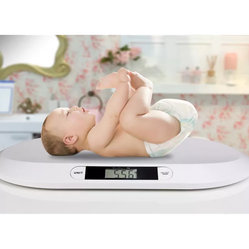 Elektroniczna waga niemowlęca ESPERANZA EBS019 — zakres ważenia 0,03–20 kg, podziałka 0,01 kg, duży wyświetlacz LCD 60×25 mm, biała